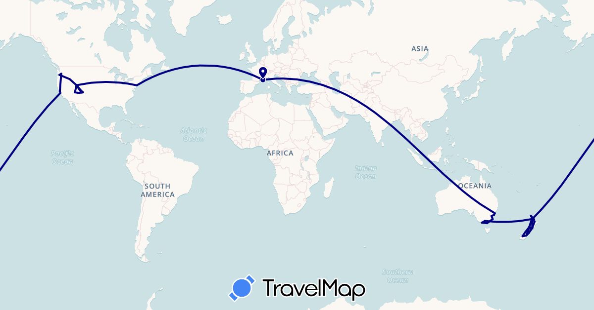 TravelMap itinerary: driving in Australia, France, New Zealand, United States (Europe, North America, Oceania)